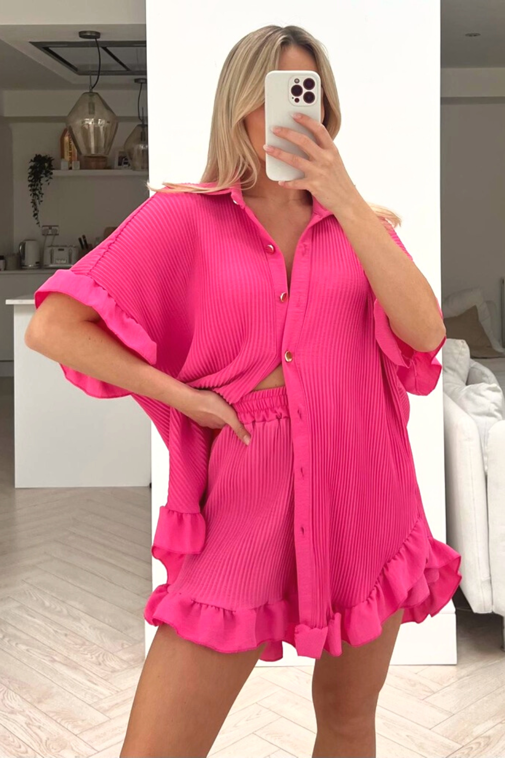 Pink PLEATED SHIRT SHORT COORD