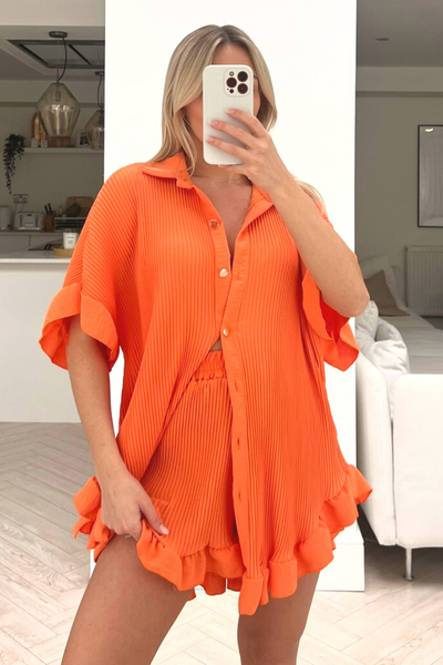 Orange PLEATED SHIRT SHORT COORD