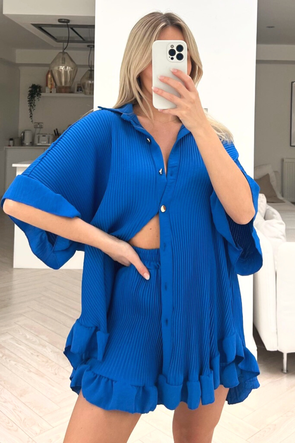 Blue PLEATED SHIRT SHORT COORD