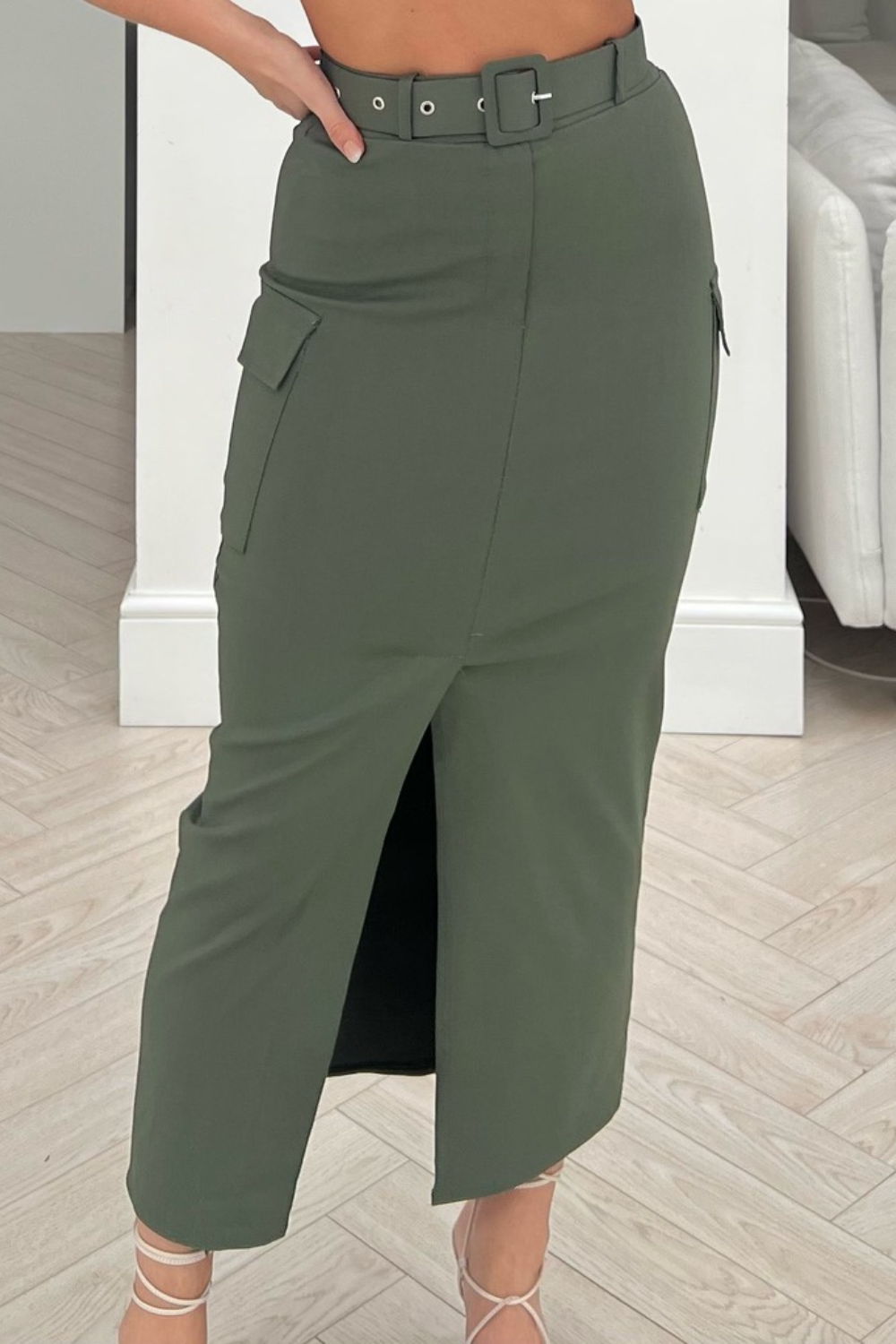 KHAKI CARGO MIDI SKIRT