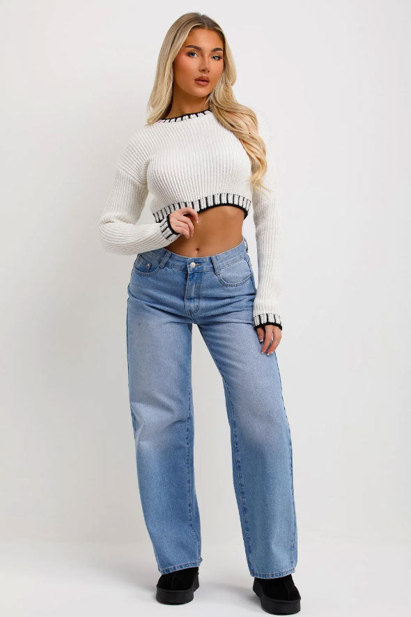 Crop Knit Jumper With Blanket Stitch Detail White