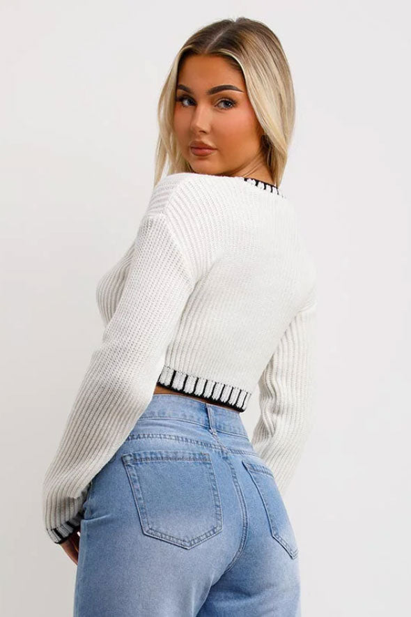 Crop Knit Jumper With Blanket Stitch Detail White