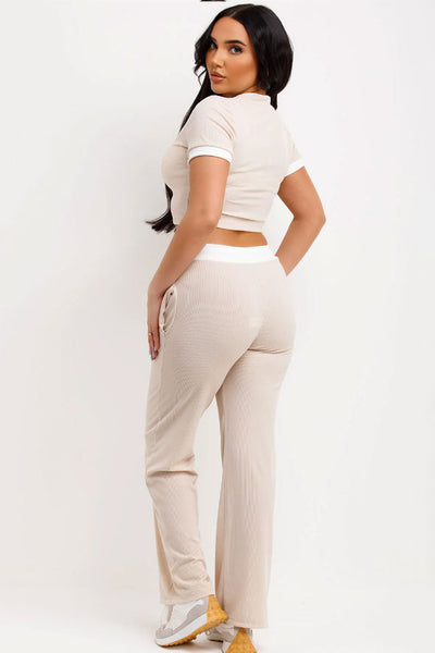 Wide Leg Trousers And Top Loungewear Ribbed Contrast Detail Beige