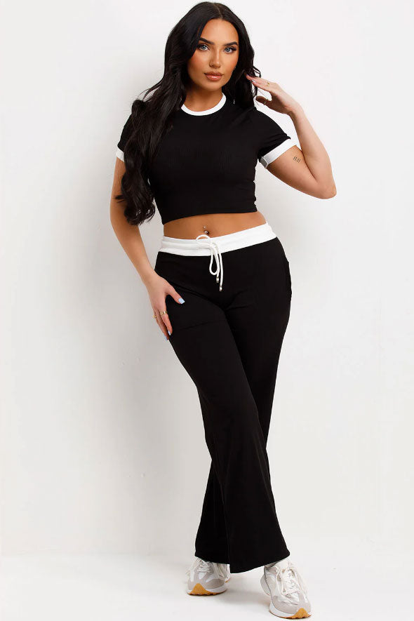 Wide Leg Trousers And Top Loungewear Ribbed Contrast Detail Black
