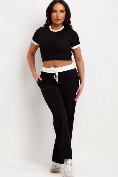 Wide Leg Trousers And Top Loungewear Ribbed Contrast Detail Black