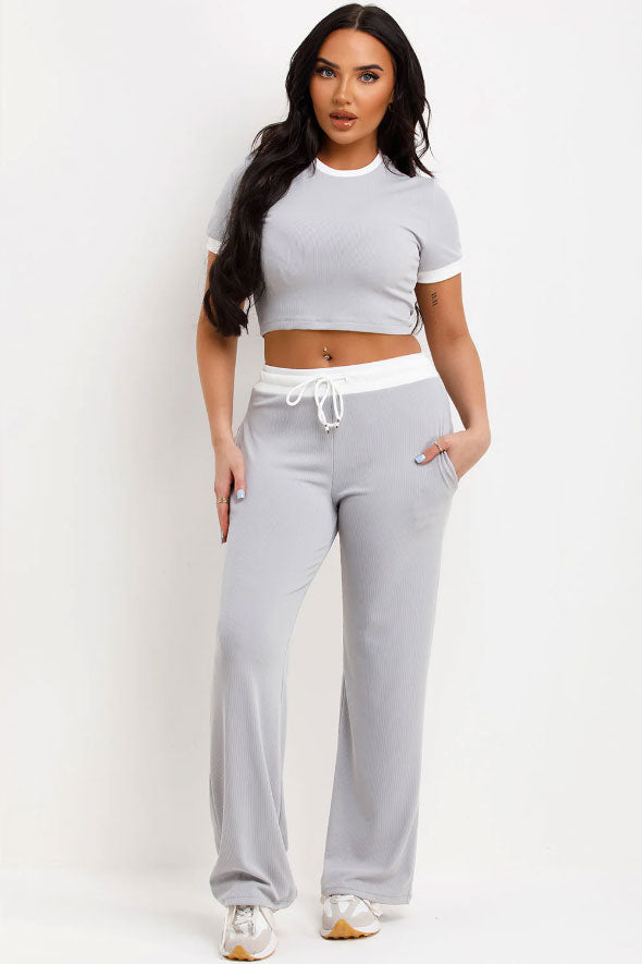 Wide Leg Trousers And Top Loungewear Ribbed Contrast Detail Grey