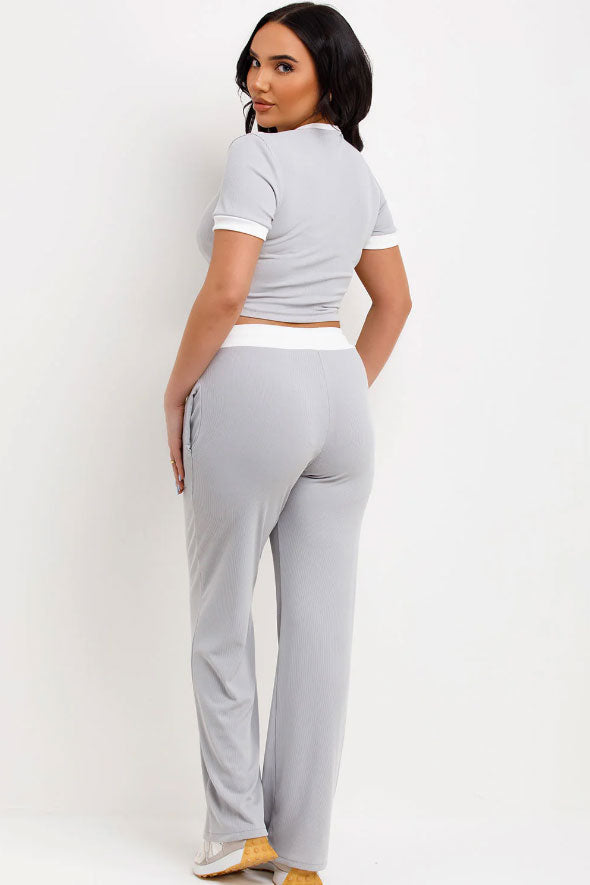 Wide Leg Trousers And Top Loungewear Ribbed Contrast Detail Grey