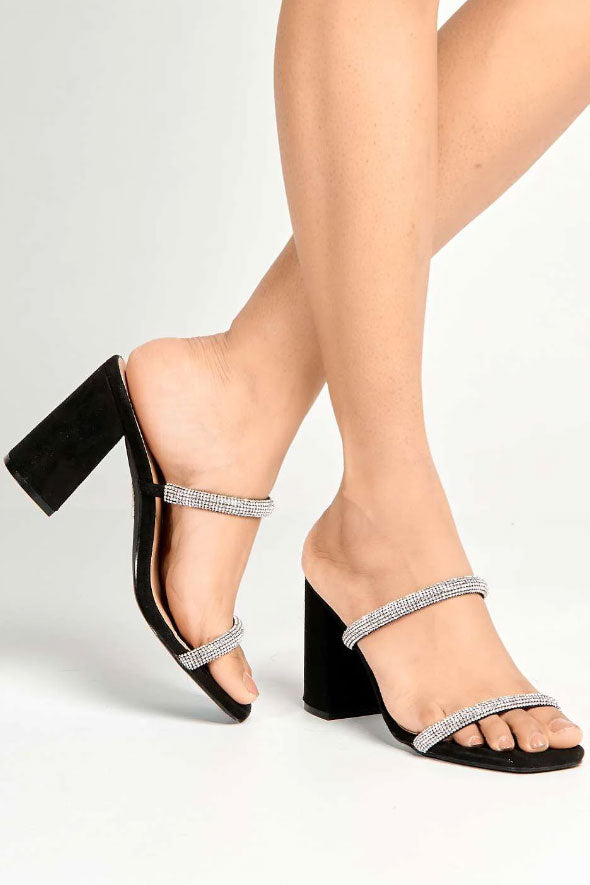 Zayah Diamante Straps Block Heel Mule in Black Suede