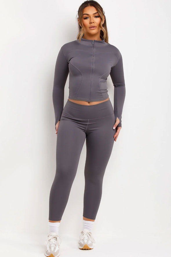 Zip Up Sports Jacket And Seamless Leggings Co Ord Set Grey