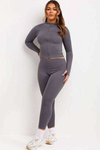 Zip Up Sports Jacket And Seamless Leggings Co Ord Set Grey