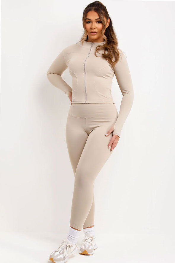 Zip Up Sports Jacket And Seamless Leggings Co Ord Set Beige