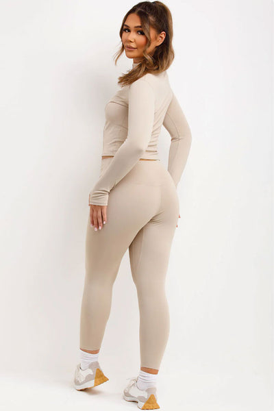 Zip Up Sports Jacket And Seamless Leggings Co Ord Set Beige