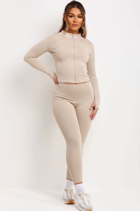 Zip Up Sports Jacket And Seamless Leggings Co Ord Set Beige