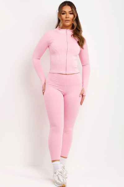 Zip Up Sports Jacket And Seamless Leggings Co Ord Set Pink