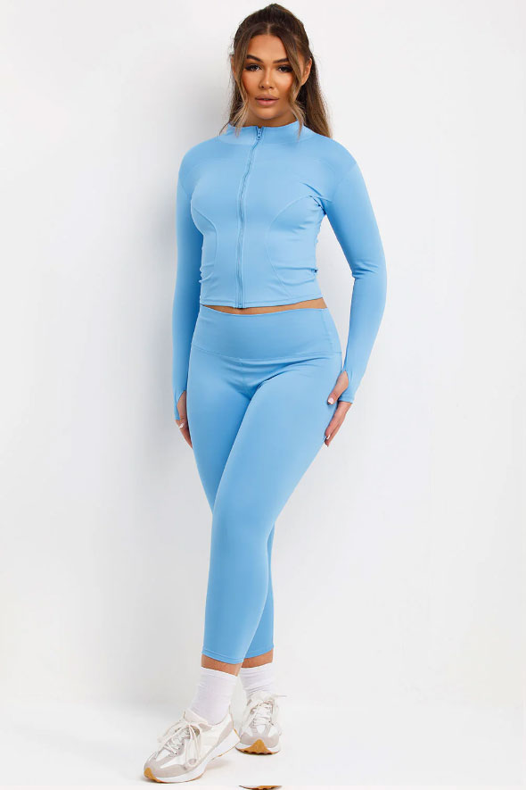 Zip Up Sports Jacket And Seamless Leggings Co Ord Set Sky Blue