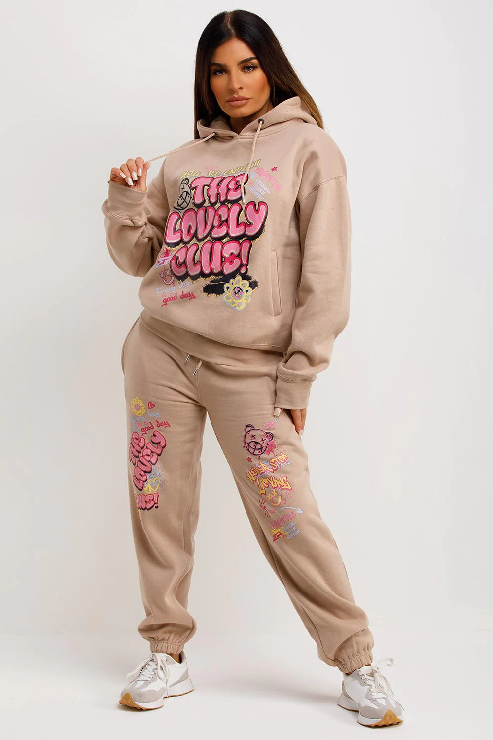 Tracksuit Hoodie Joggers Set With Graphic Print Beige