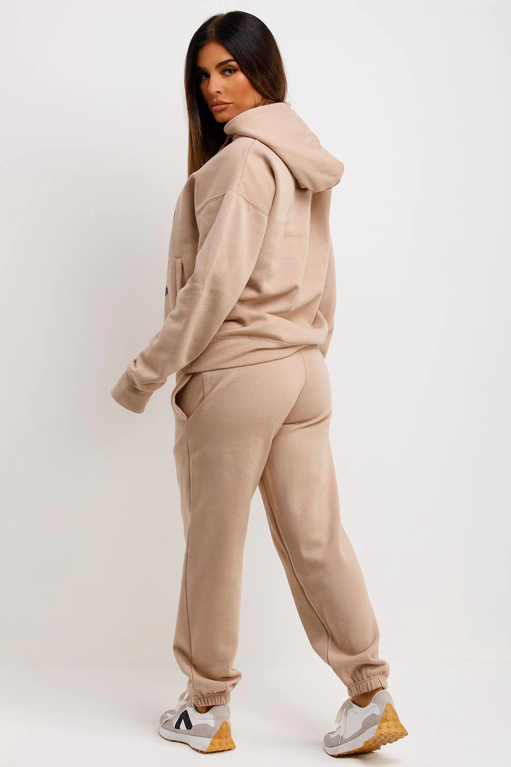 Tracksuit Hoodie Joggers Set With Graphic Print Beige