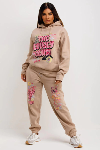 Tracksuit Hoodie Joggers Set With Graphic Print Beige