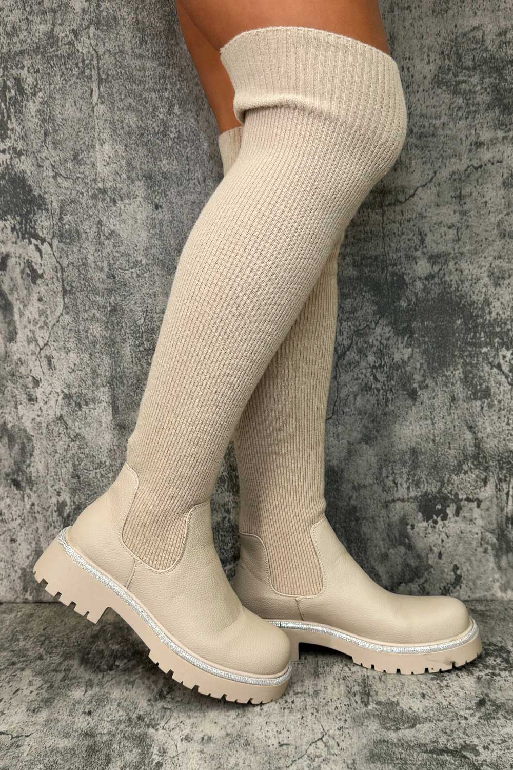 Over The Knee Sock Boots Beige