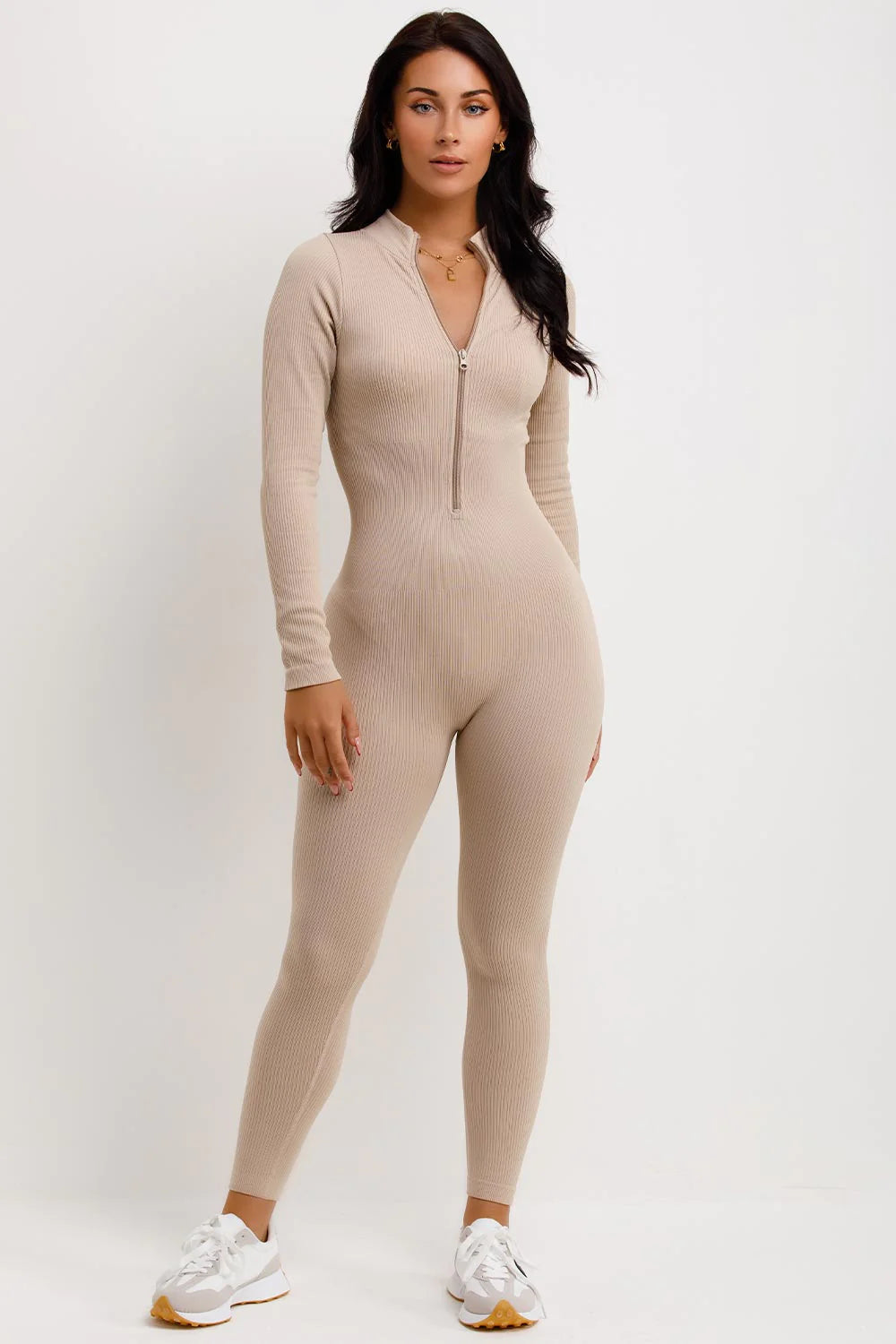 Seamless Ribbed Jumpsuit Structured Contour Unitard With Zip Front Beige