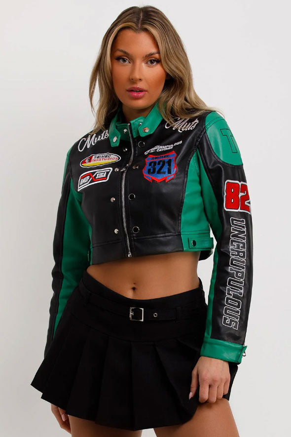 Faux Leather Racer Jacket Green