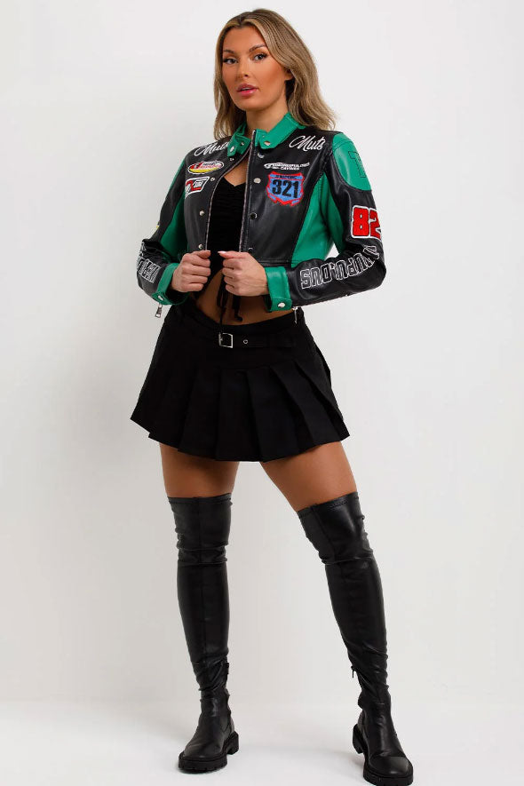 Faux Leather Racer Jacket Green