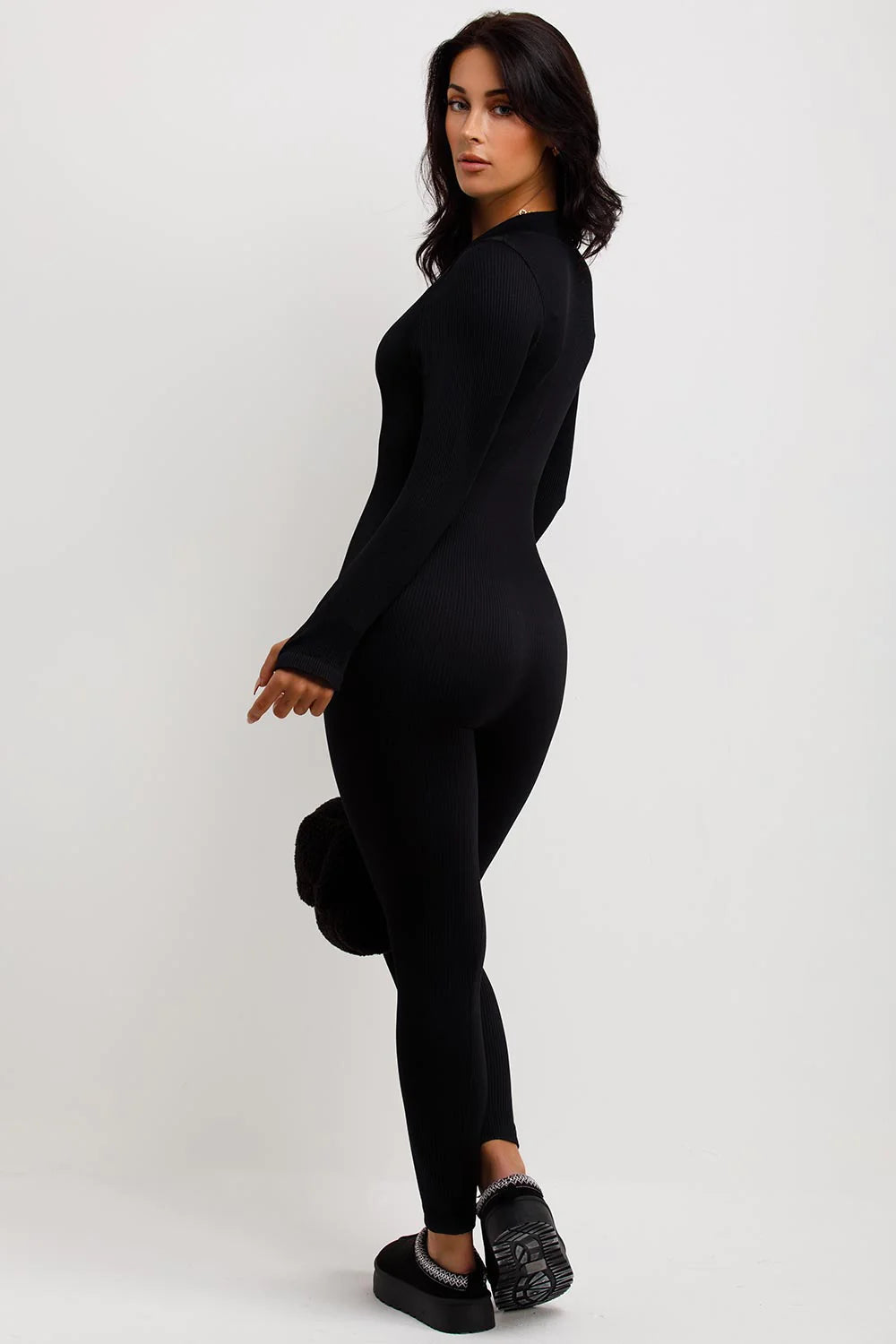 Seamless Ribbed Jumpsuit Structured Contour Unitard With Zip Front Black