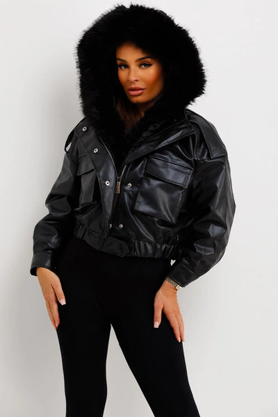 Faux Leather Bomber Jacket With Faux Fur Hood Black