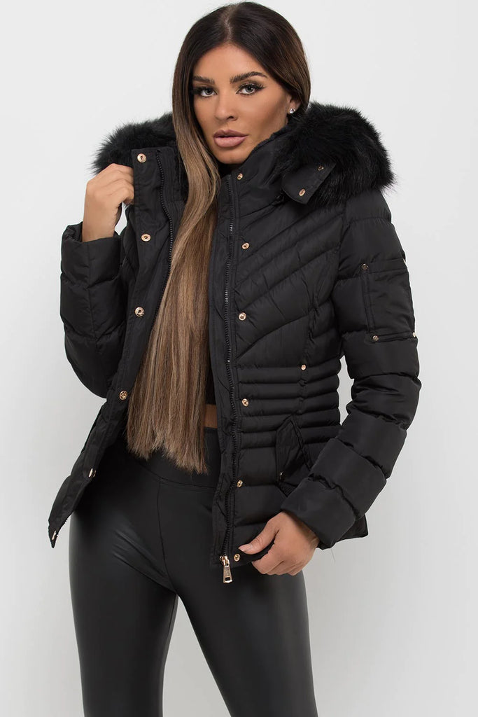 Black faux fur top coat with hood uk
