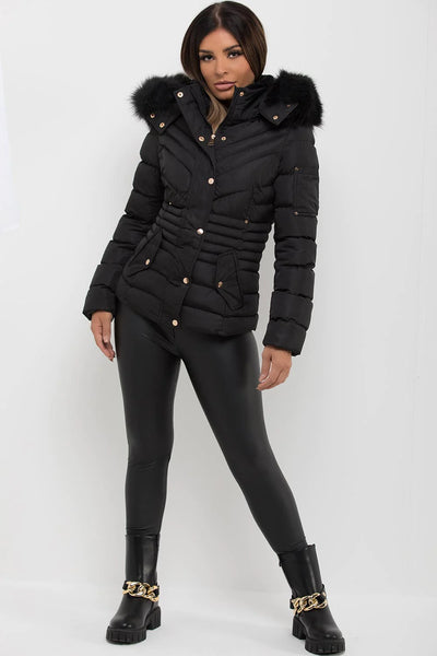 Black Puffer Coat With Fur Hood