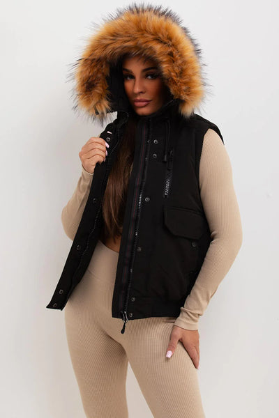 Black Gilet With Fur Hood