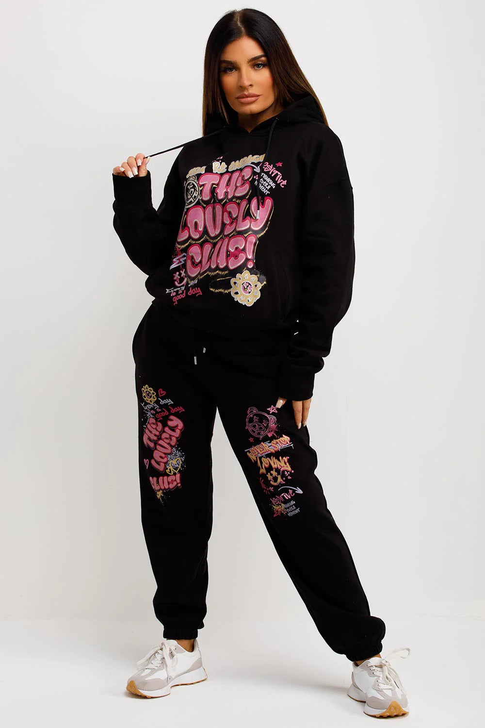 Tracksuit Hoodie Joggers Set With Graphic Print Black