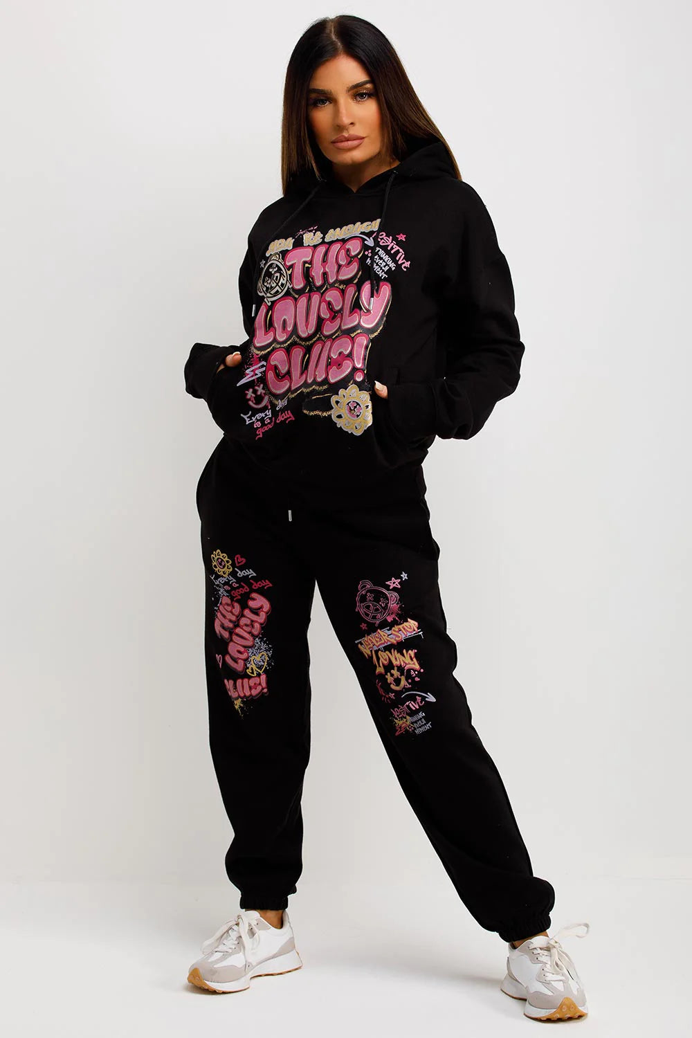 Tracksuit Hoodie Joggers Set With Graphic Print Black