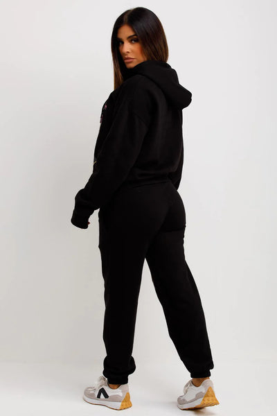 Tracksuit Hoodie Joggers Set With Graphic Print Black