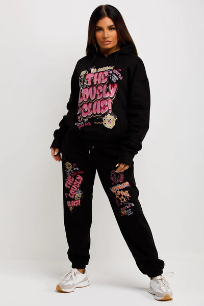 Tracksuit Hoodie Joggers Set With Graphic Print Black