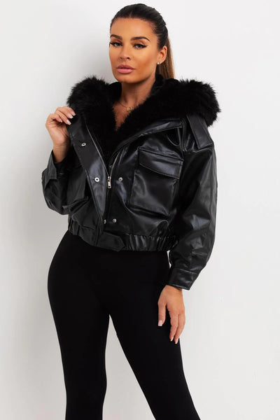 Faux Leather Bomber Jacket With Faux Fur Hood Black