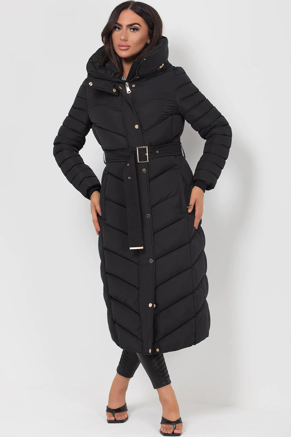 Long Puffer Down Coat With Belt Black