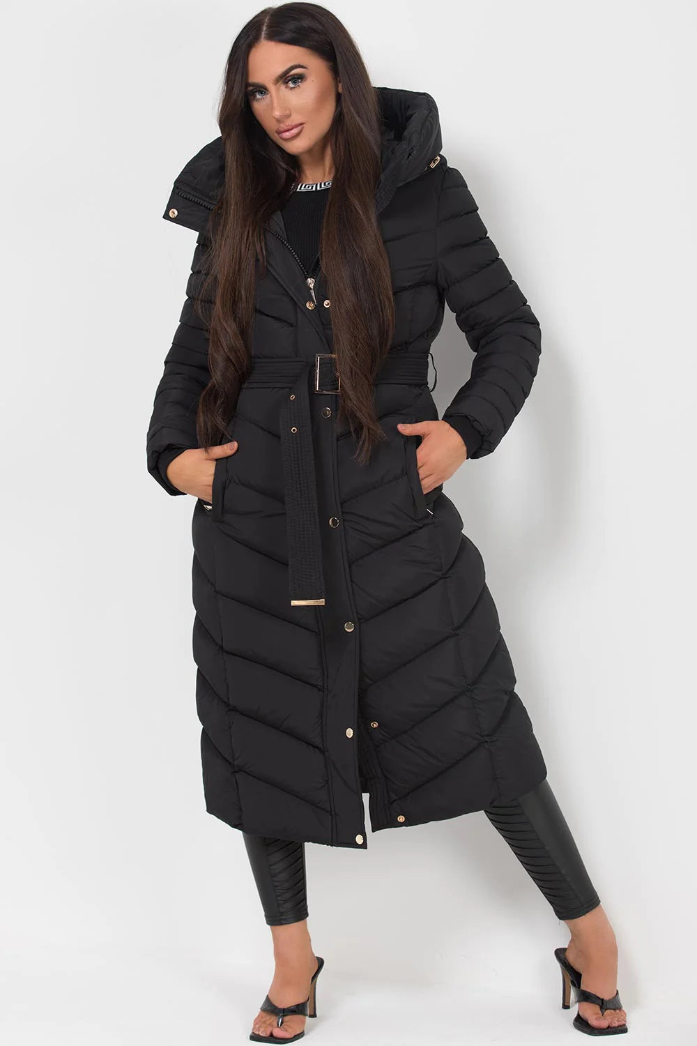 Long Puffer Down Coat With Belt Black