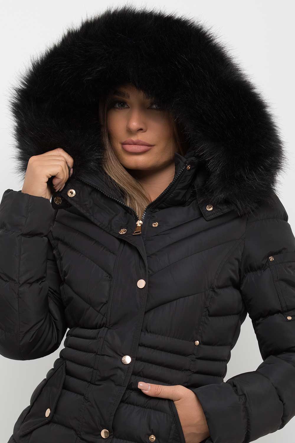 Black padded coat with fur hood sale