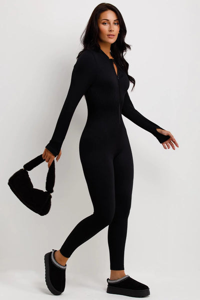 Seamless Ribbed Jumpsuit Structured Contour Unitard With Zip Front Black