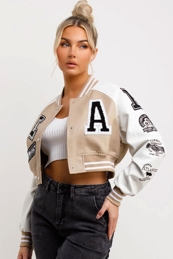 Varsity Bomber Faux Leather Jacket With Letter Detail beige