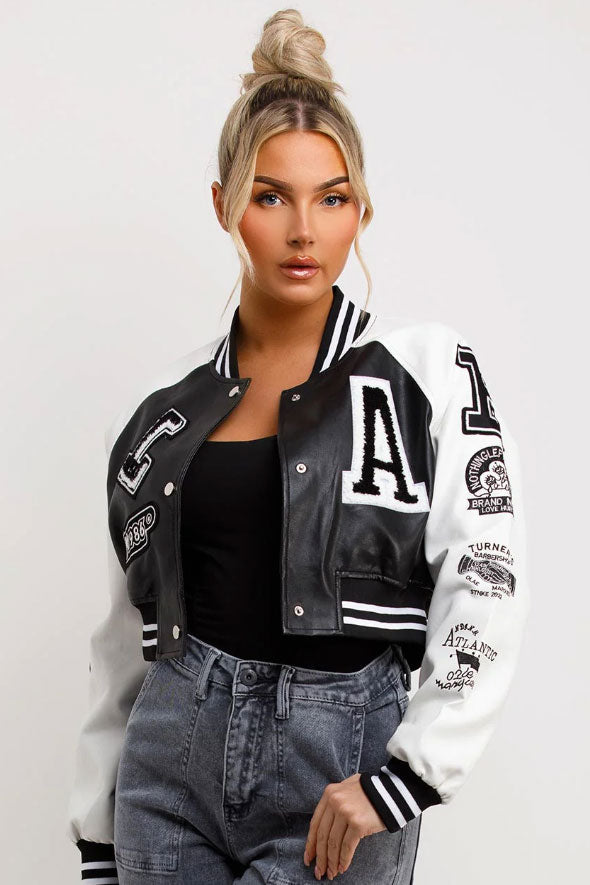 Varsity Bomber Faux Leather Jacket With Letter Detail black