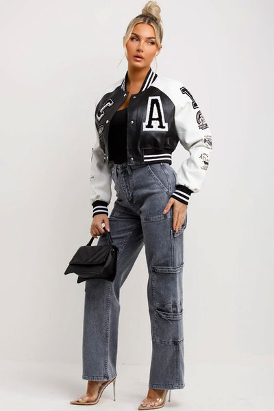 Varsity Bomber Faux Leather Jacket With Letter Detail black