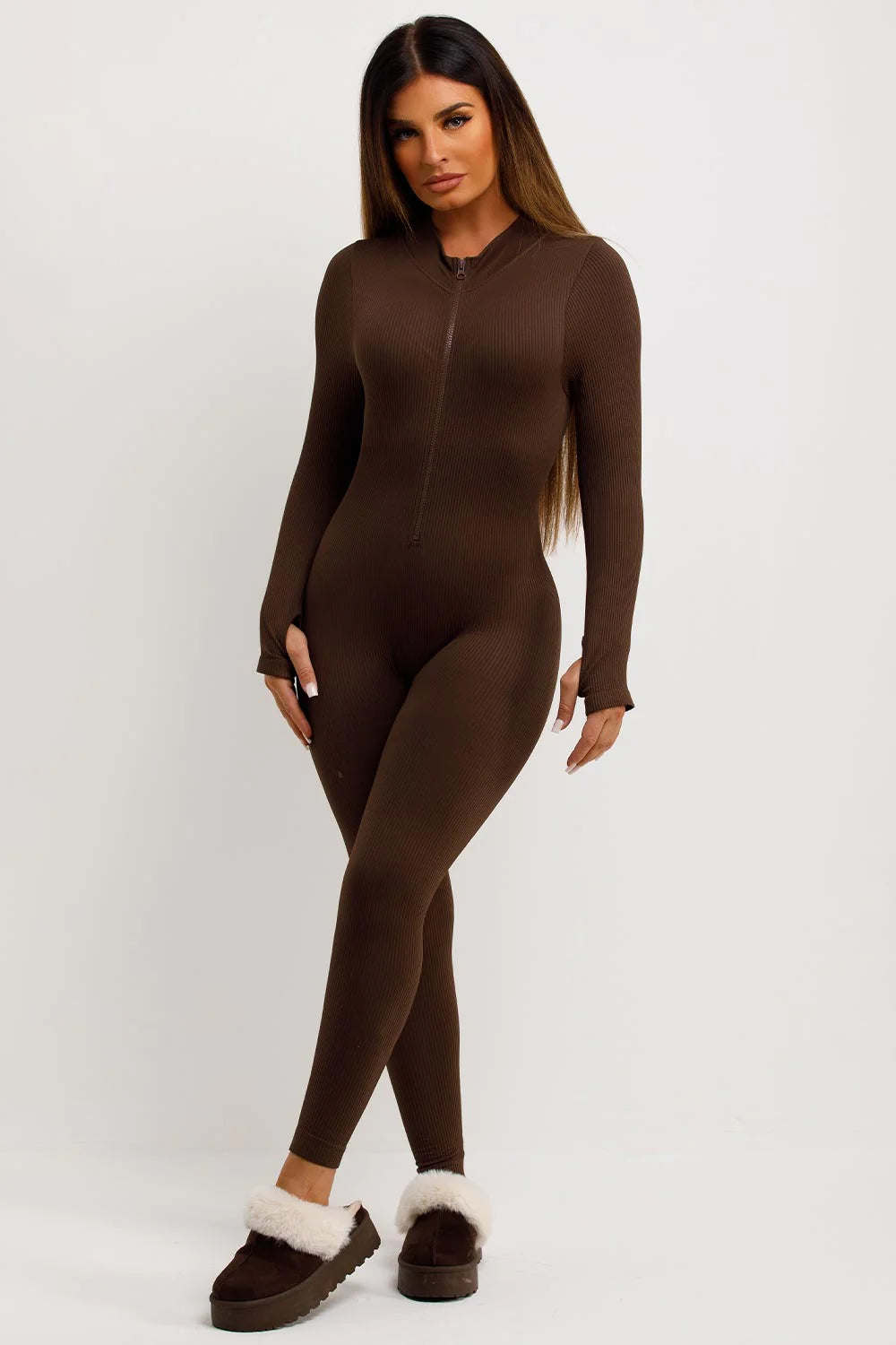 Seamless Ribbed Jumpsuit Structured Contour Unitard With Zip Front Brown