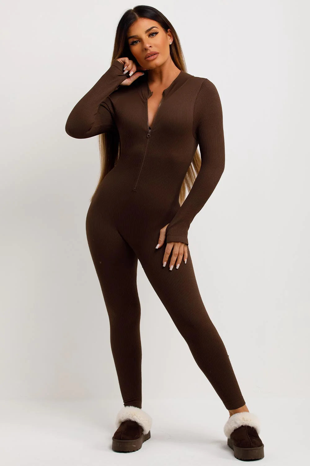 Seamless Ribbed Jumpsuit Structured Contour Unitard With Zip Front
