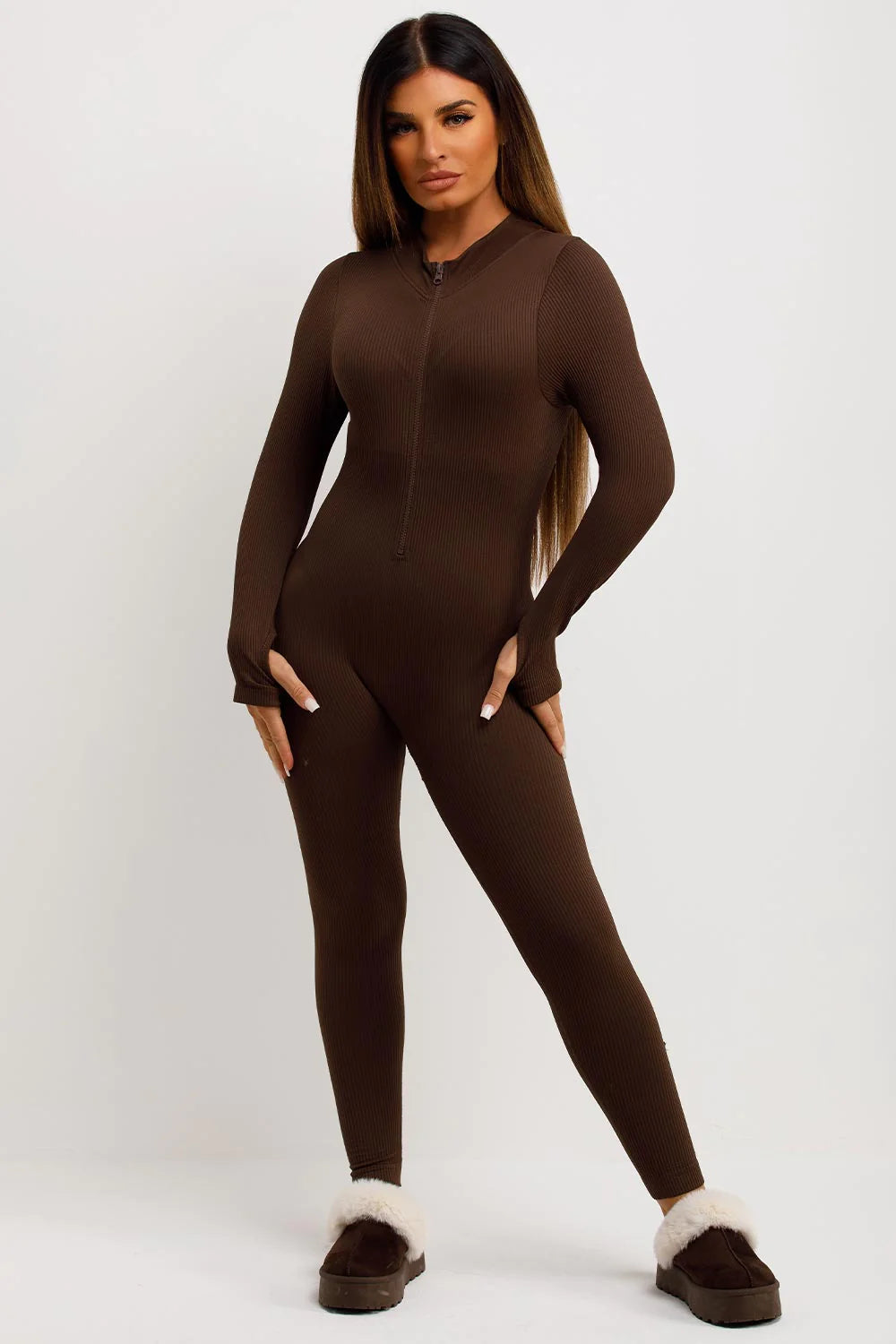 Women's Ribbed Unitard Playsuit With Long Sleeves Brown – Styledup