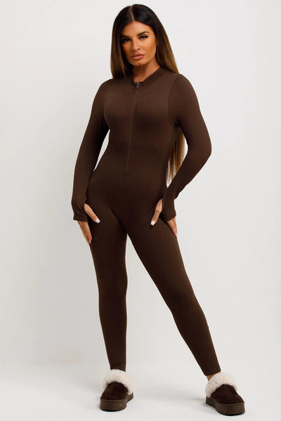 Seamless Ribbed Jumpsuit Structured Contour Unitard With Zip Front Brown