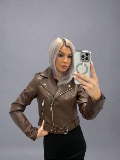 Pu Cropped Biker Jacket Brown