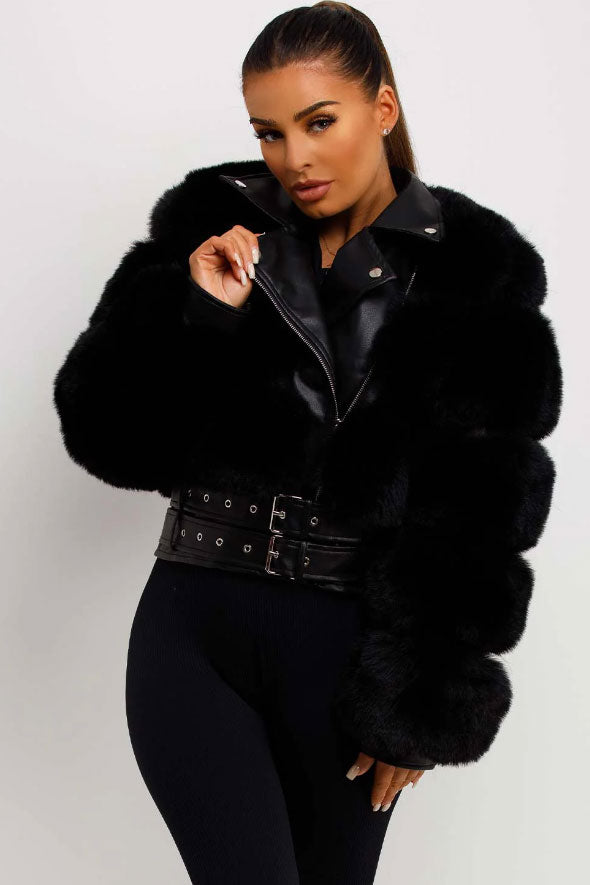 Faux Fur Faux Leather Aviator Jacket With Belt Black