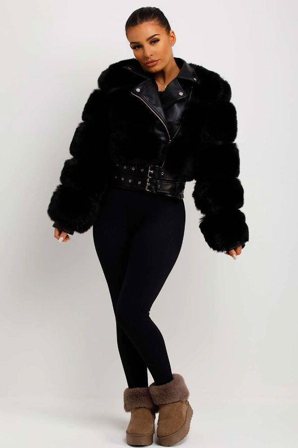 Faux Fur Faux Leather Aviator Jacket With Belt Black